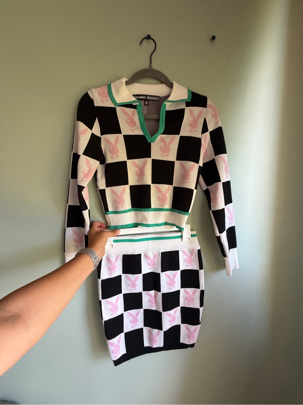 PLAYBOY x MISSguided Black/White/Pink Checkerboard Knit Set with Green Trim